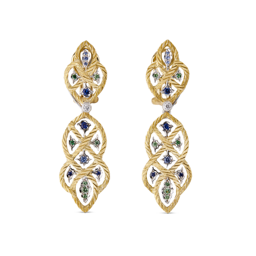 Étoilée Color Pendant Earrings In Yellow And White Gold With Tzavorites And Sapphires