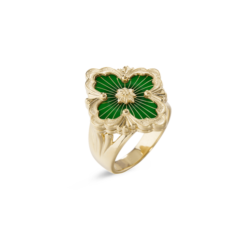 Opera Tulle Yellow Gold Ring With Green Enamel Background