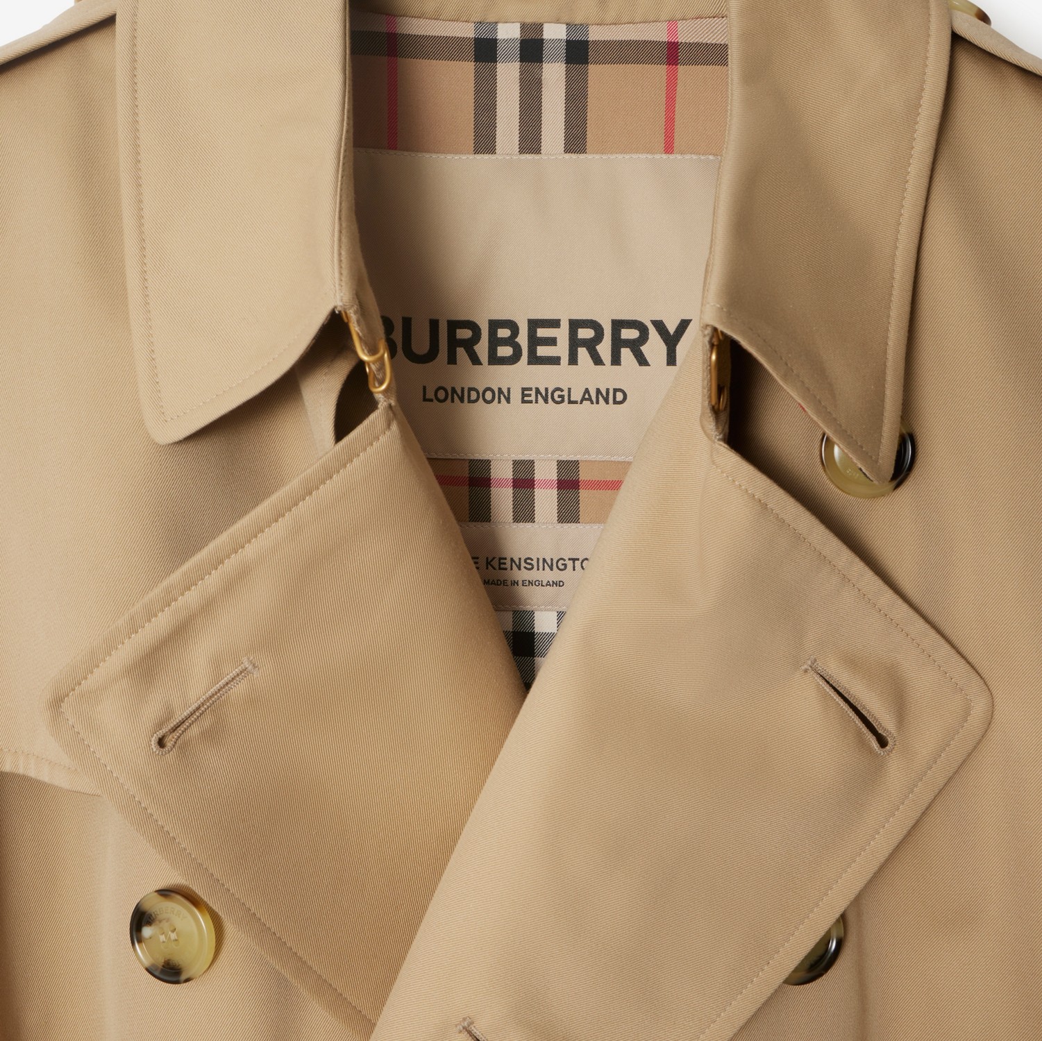 Collar detail — the Burberry London England label over the check lining