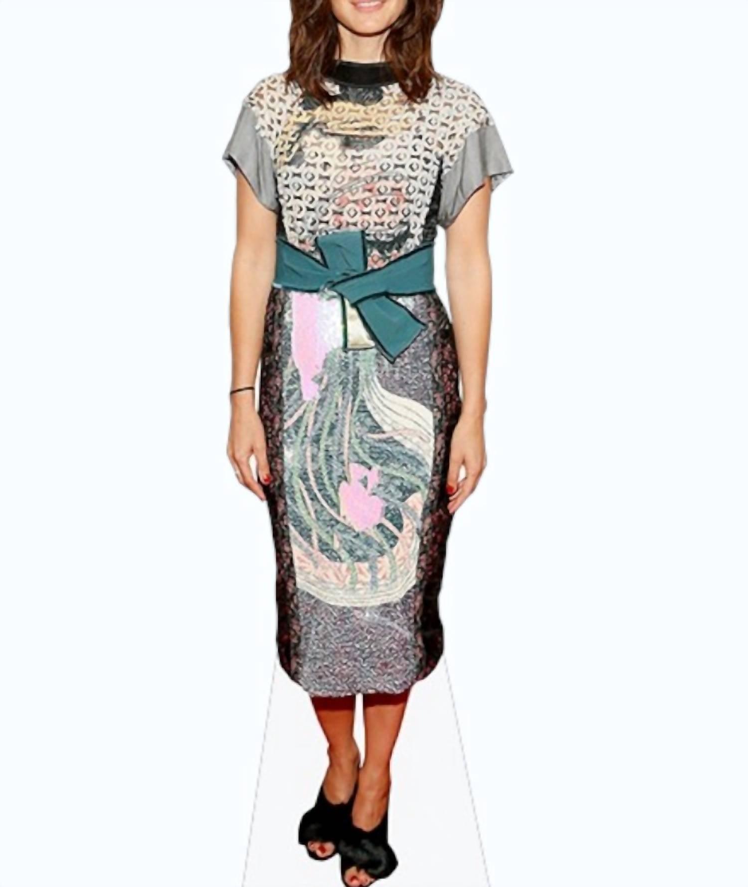 Printed Midi Dress With Waist Tie Belt