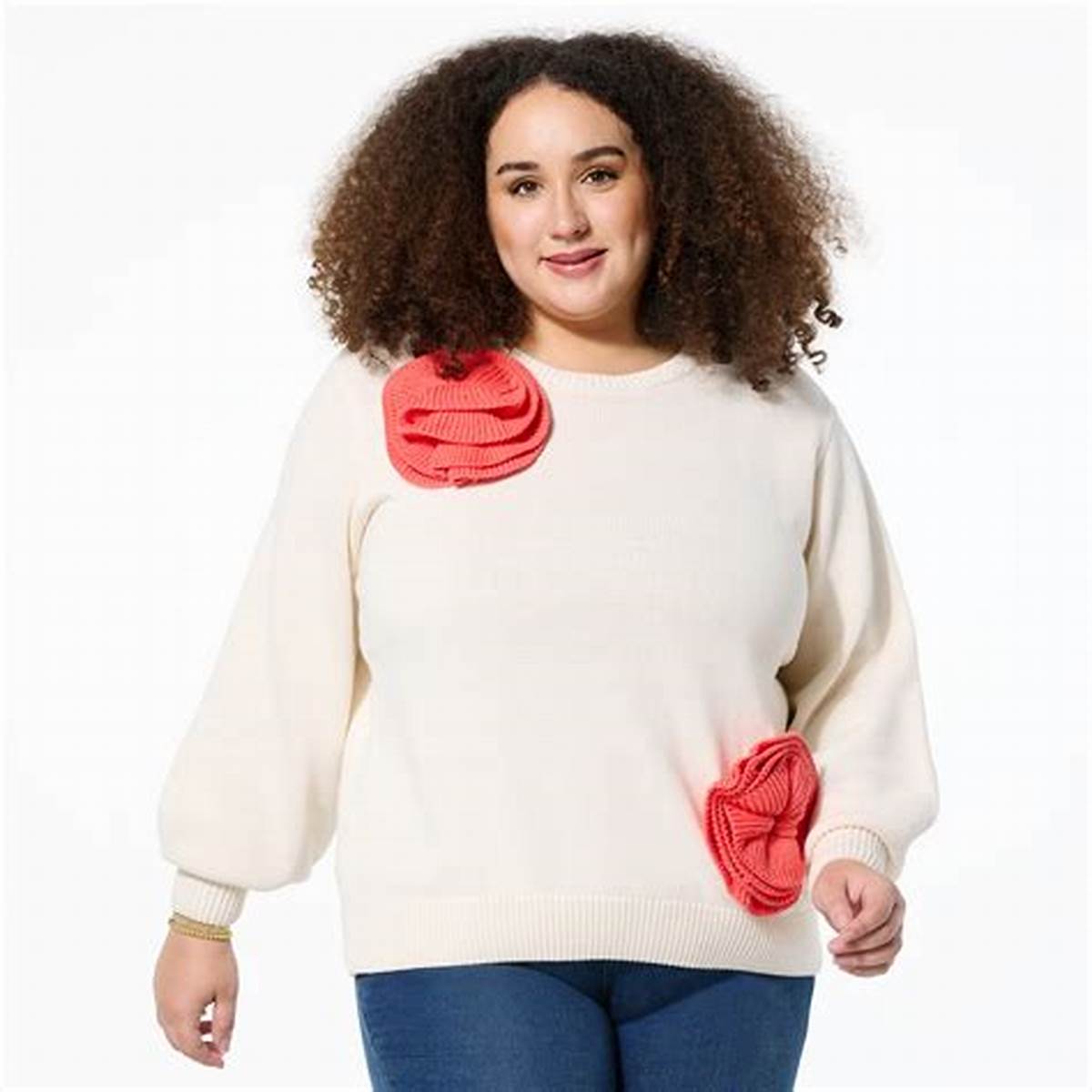 Plus-size view of the dimensional flower knit