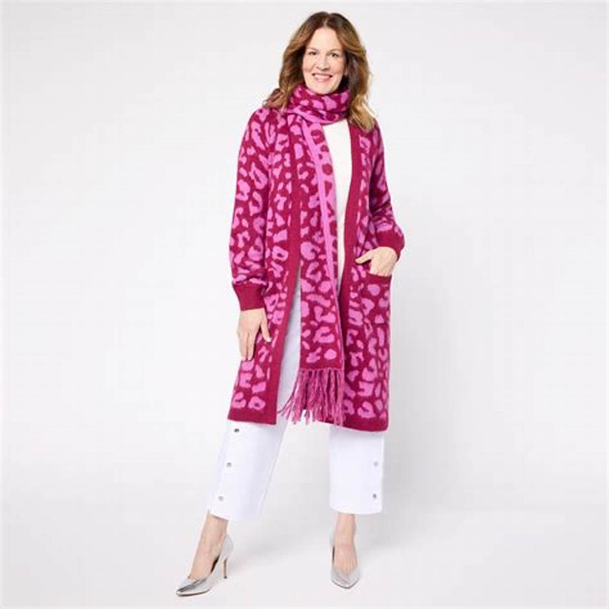 Jacquard Knit Coatigan Topper with Scarf