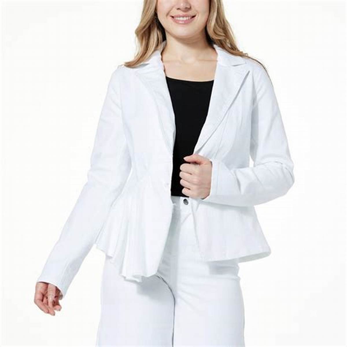 White ruffle denim blazer silhouette