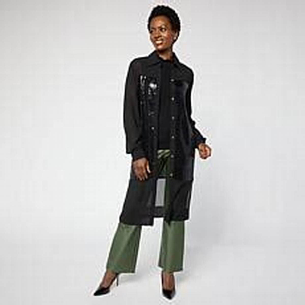 Black sequin tunic worn open