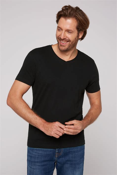 black V-neck, side-worn view