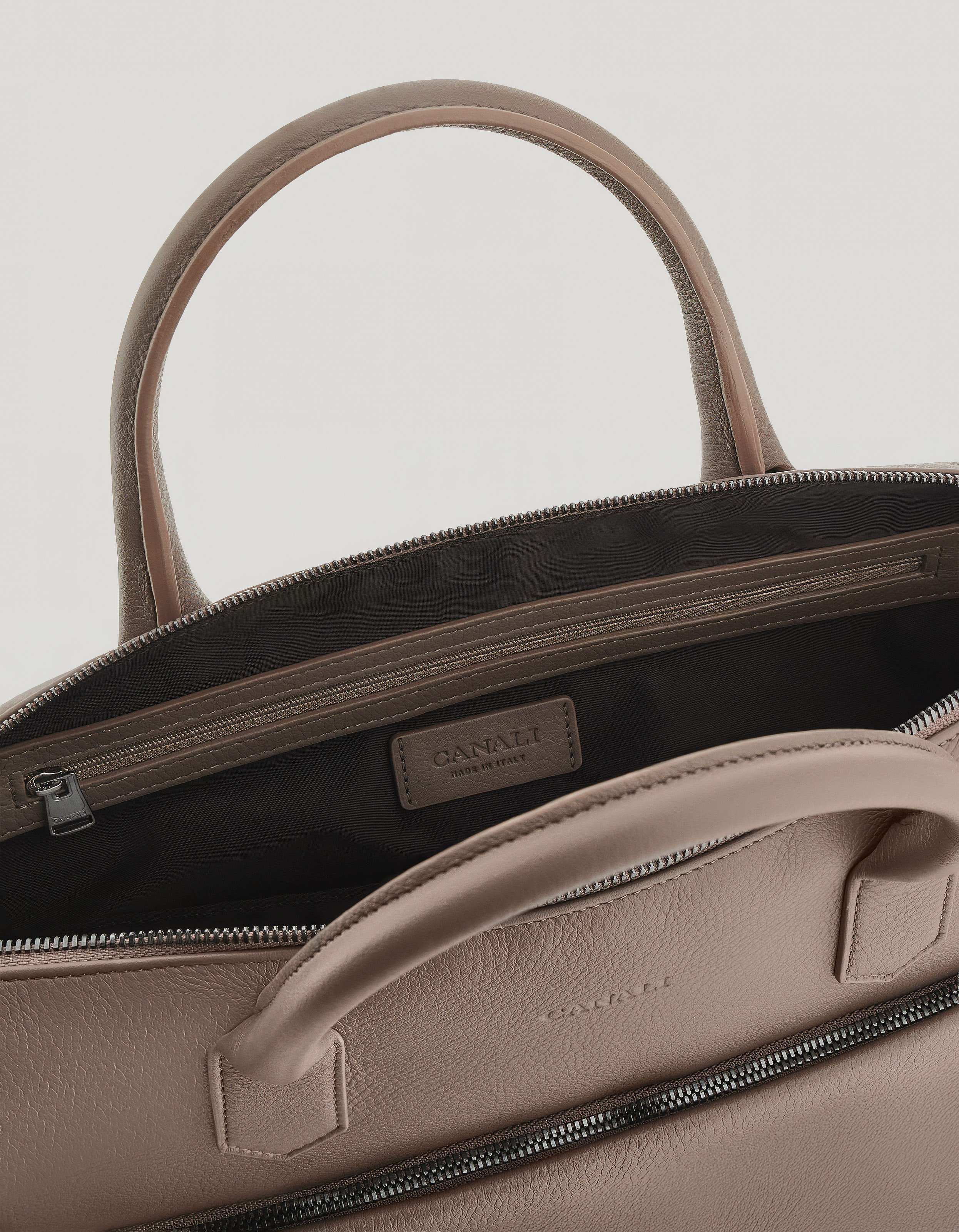 On-body view of the leather briefcase