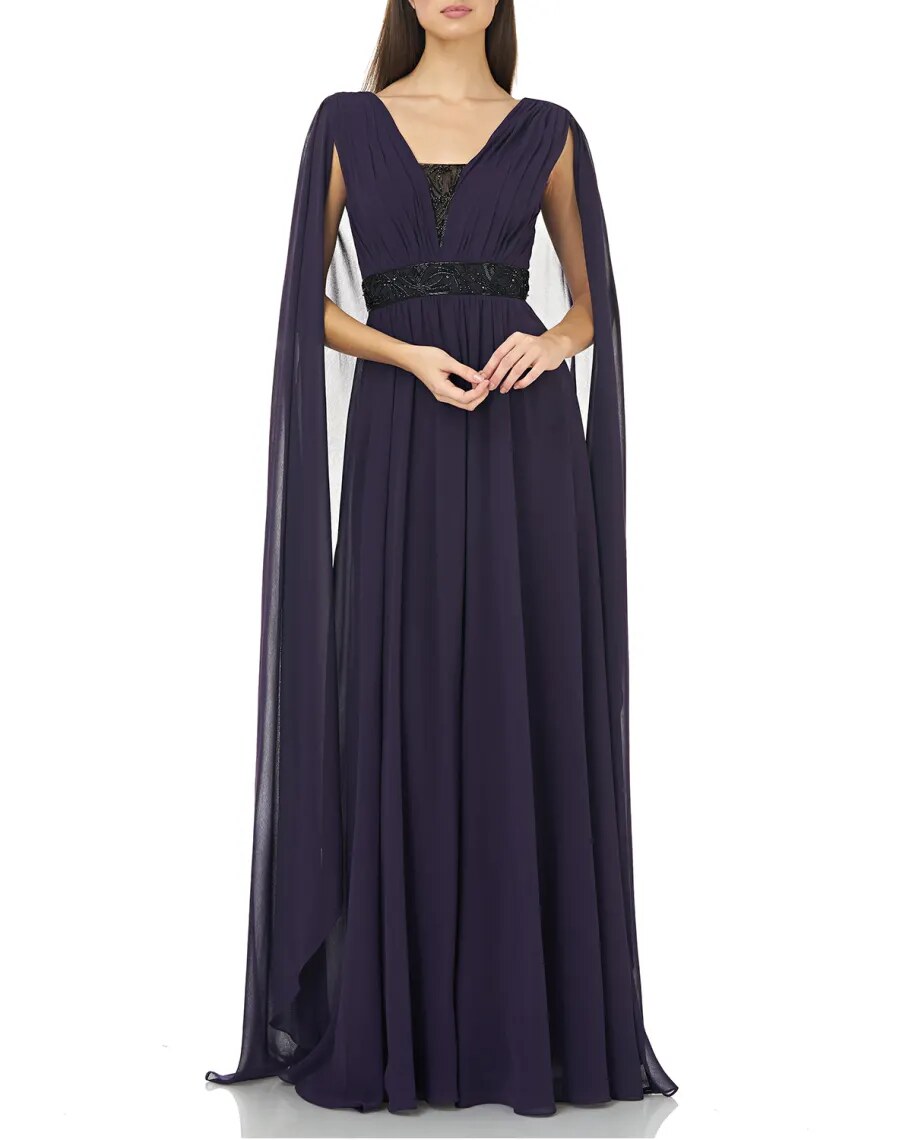 Infusion Beaded V-Inset Chiffon Gown with Cape