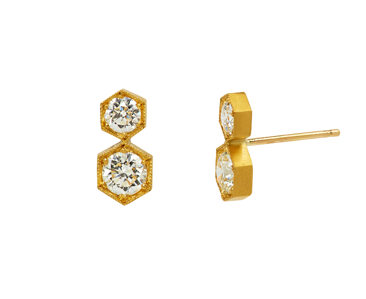 Double Diamond Hexagonal Bezel Stud Earrings, side angle