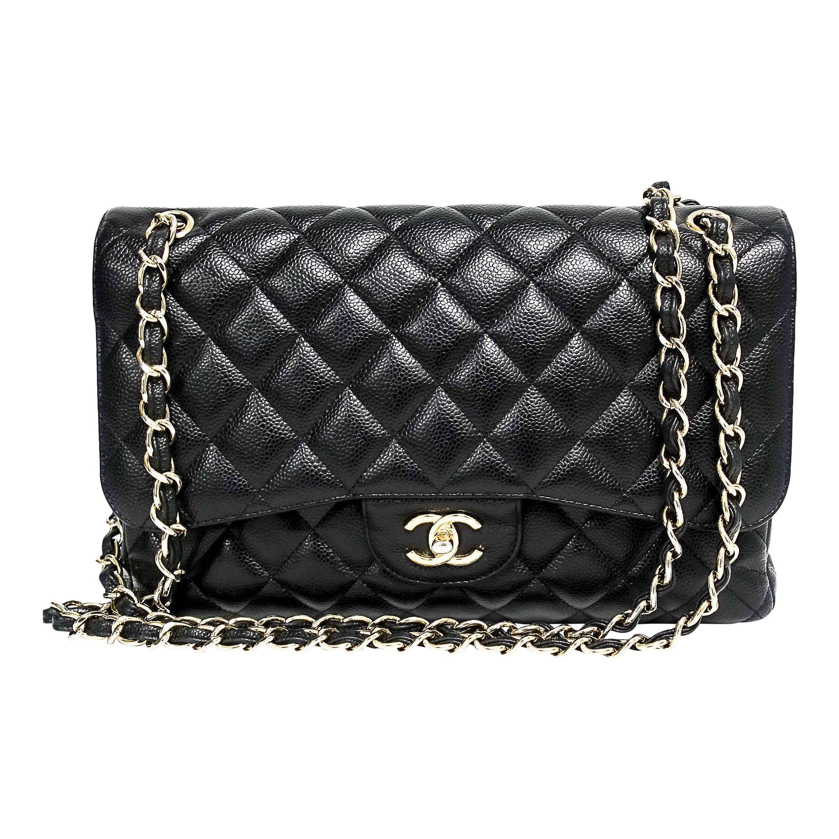 Black caviar with gold-tone hardware and woven chain strap