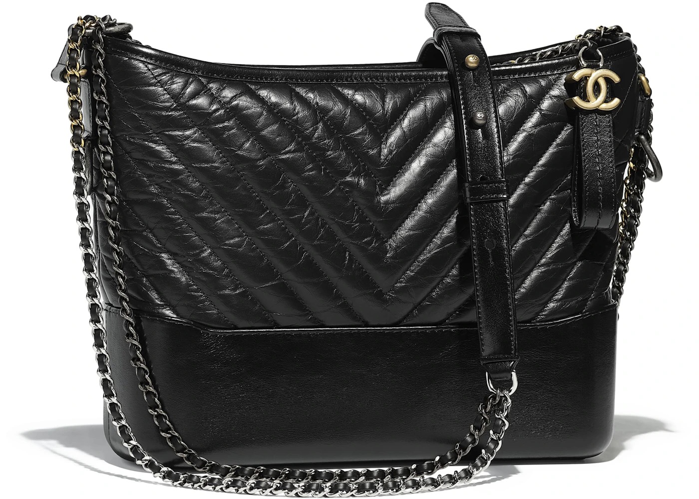 Black chevron-quilted with two-tone chain and CC charm