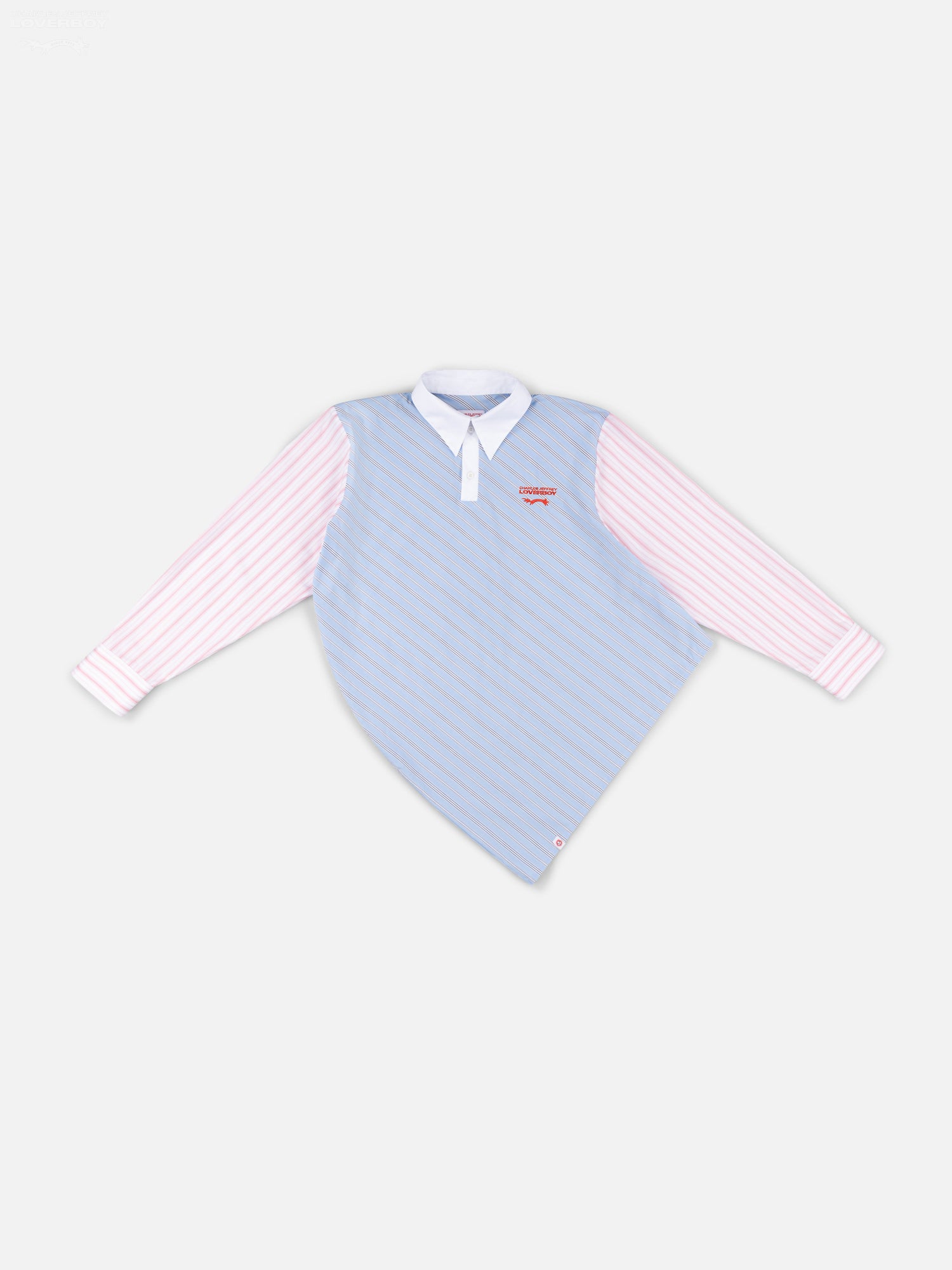 TOPSY TURVY SHIRT in BLUE PINK STRIPE — detail or worn angle