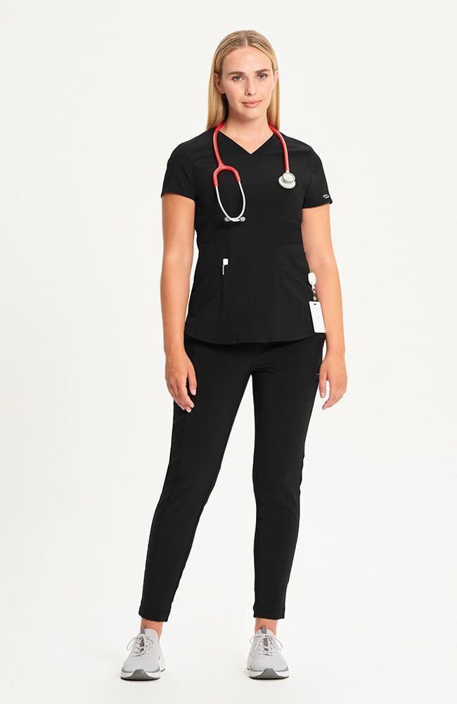 Women's 3-Pocket Knit Panel V-Neck Scrub Top — official angle 2