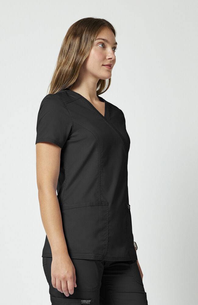 Women's Shaped 3-Pocket Mock Wrap Scrub Top — official angle 3