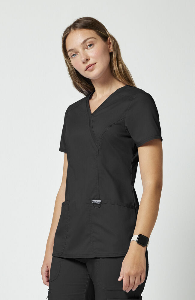 Women's Shaped 3-Pocket Mock Wrap Scrub Top — official angle 4