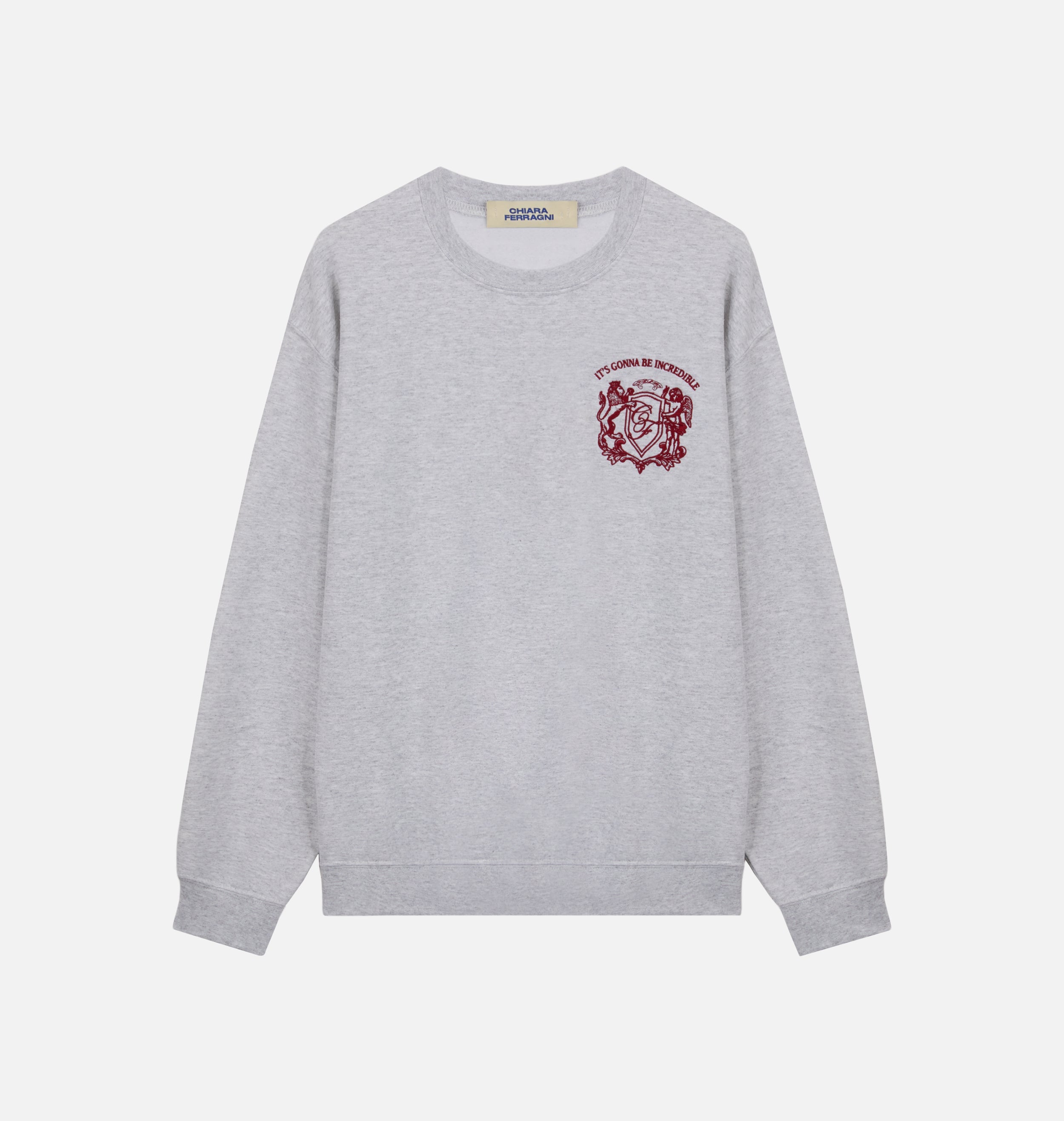 Grey crewneck with burgundy embroidery