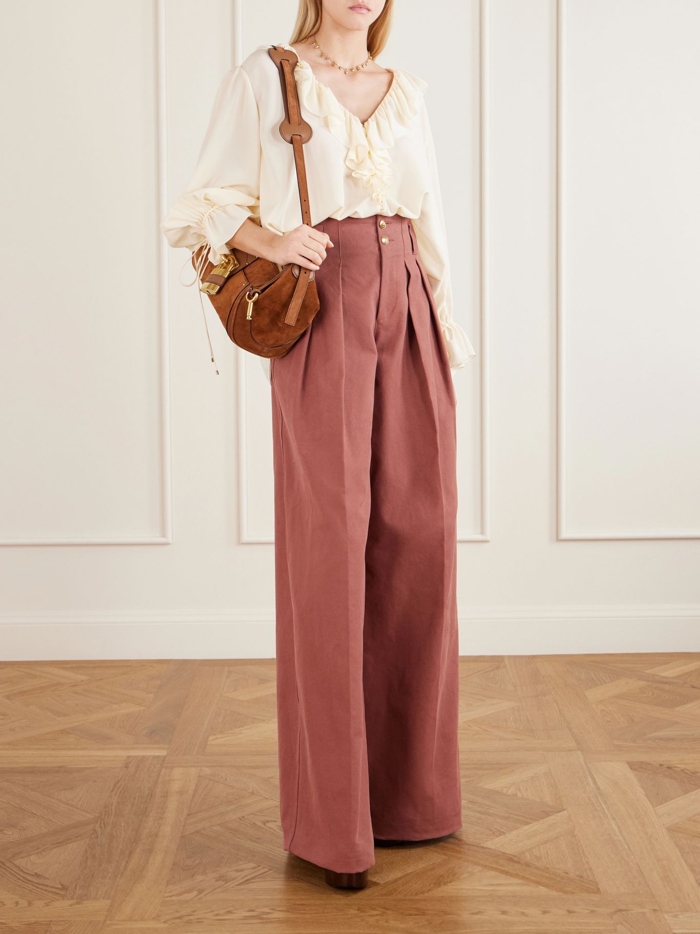 Full look — blouse with wide pleated trousers