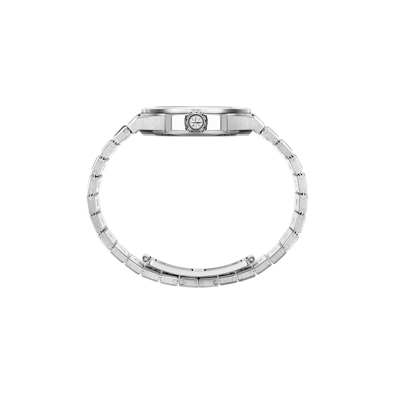Side profile showing the raised bezel and crown guards