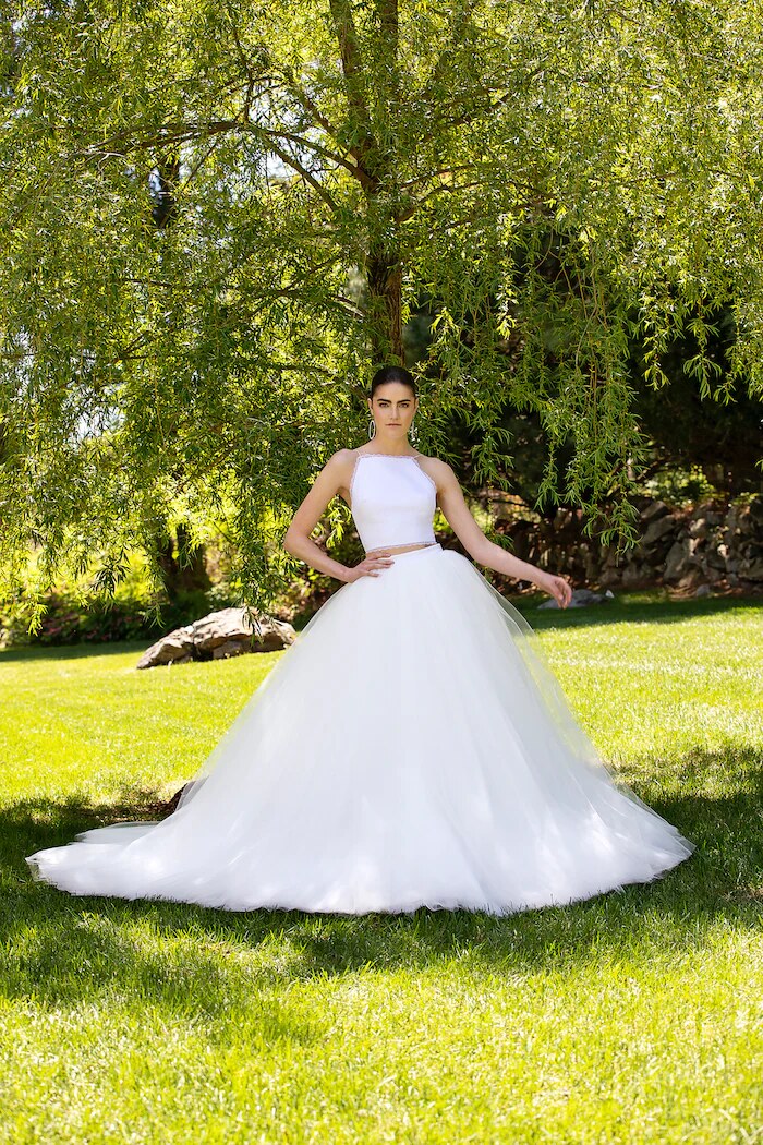 back view with cascading skirt