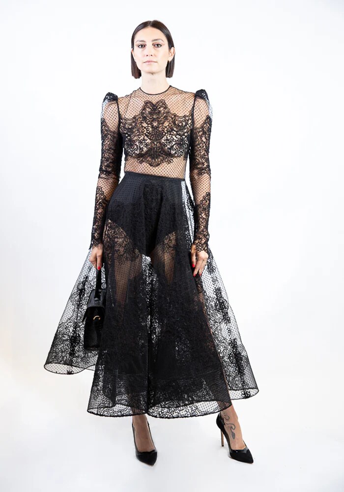 Puff Sleeved Swiss Dot and Lace Tea Length Dress