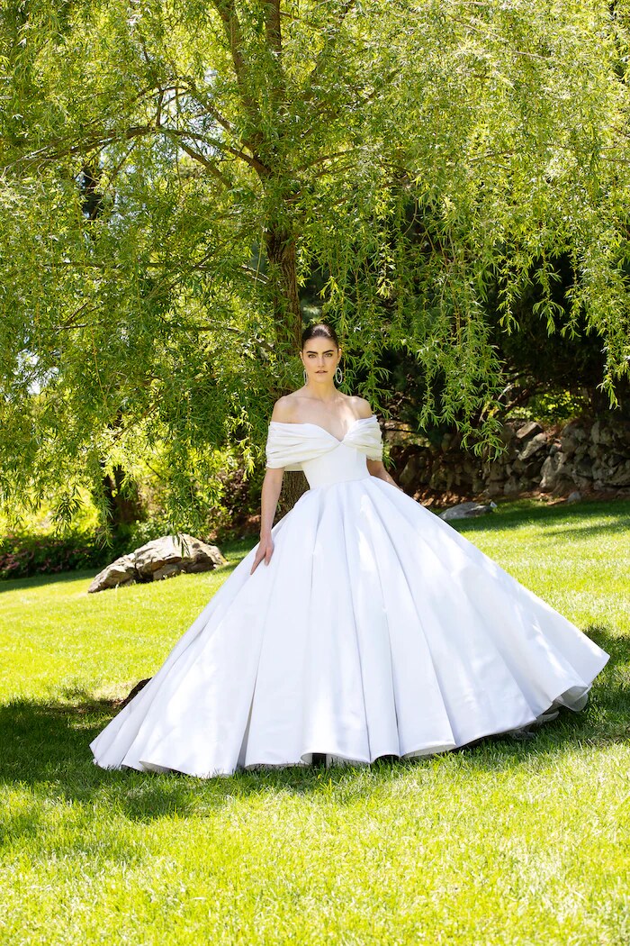 Silk Faille Off the Shoulder Draped Bodice Gown