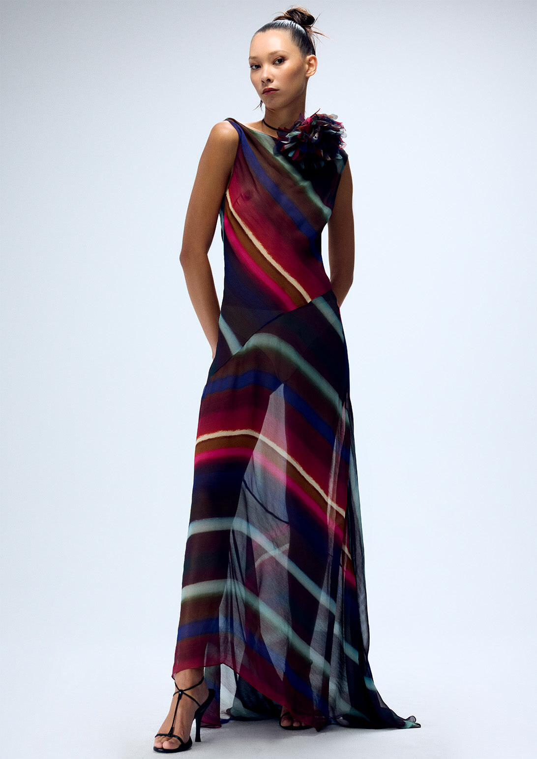 Louie Stripe Cowl-Back Bias Maxi Dress