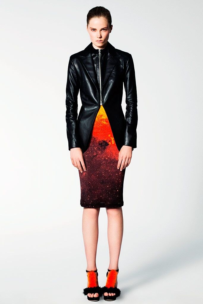 Galaxy pencil skirt with leather jacket