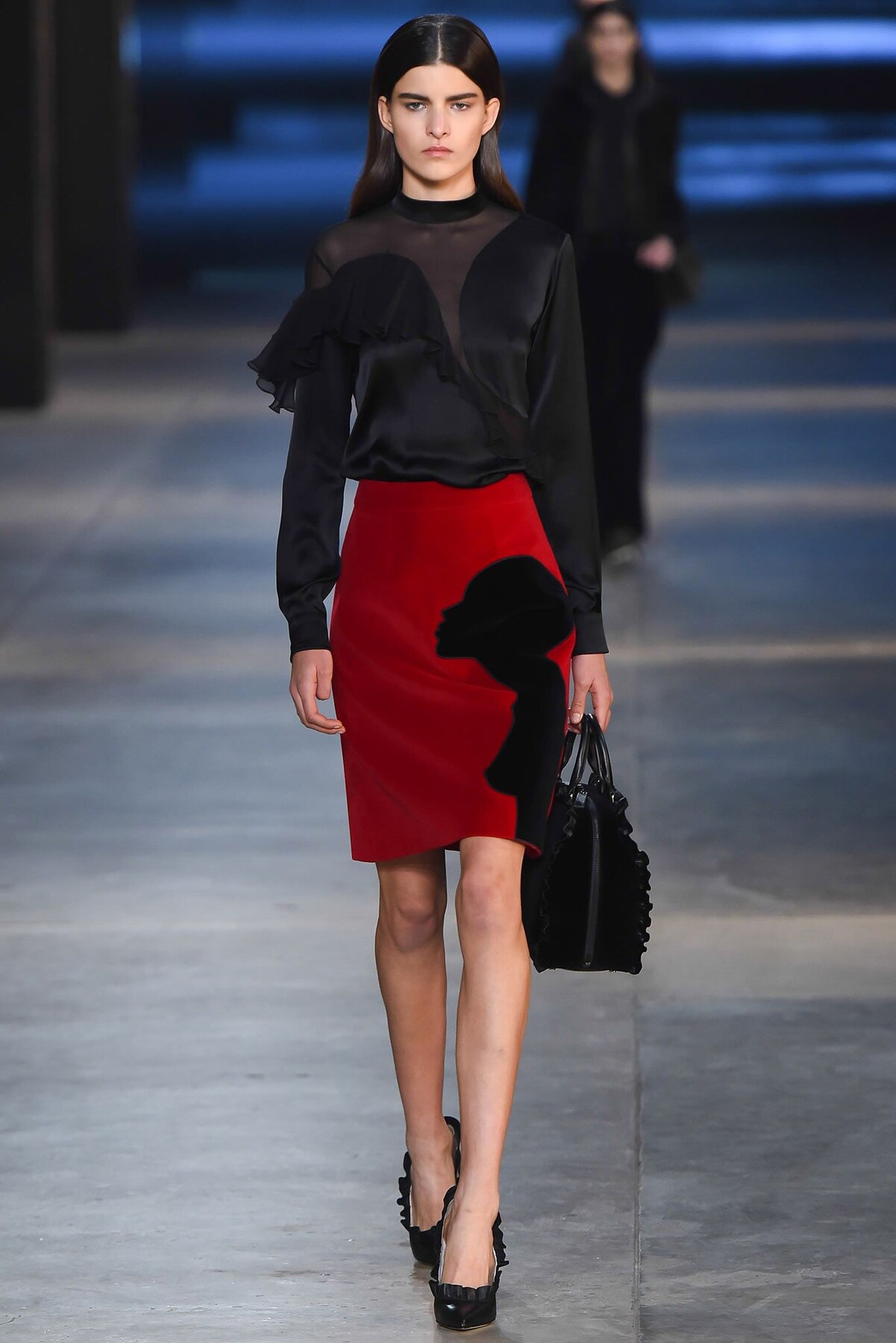 Black knit and red-blue appliqué skirt