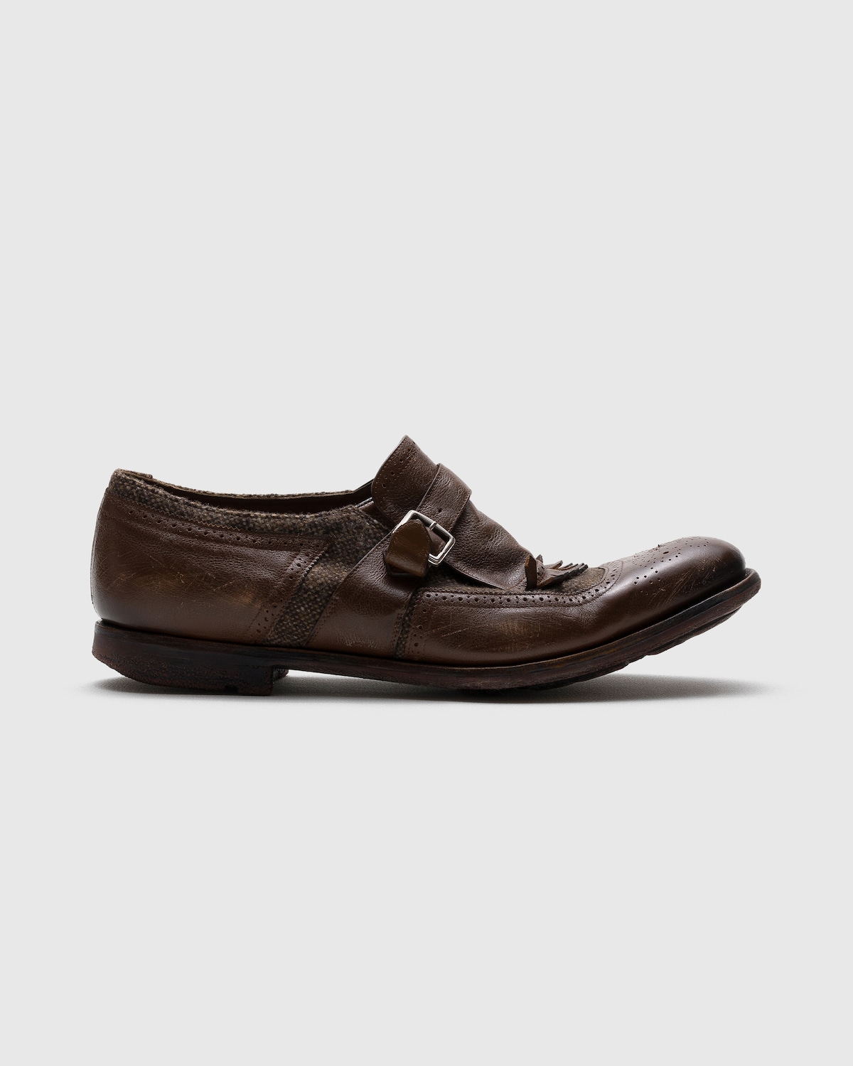 Shanghai Antiqued Leather and Wool Monk Strap