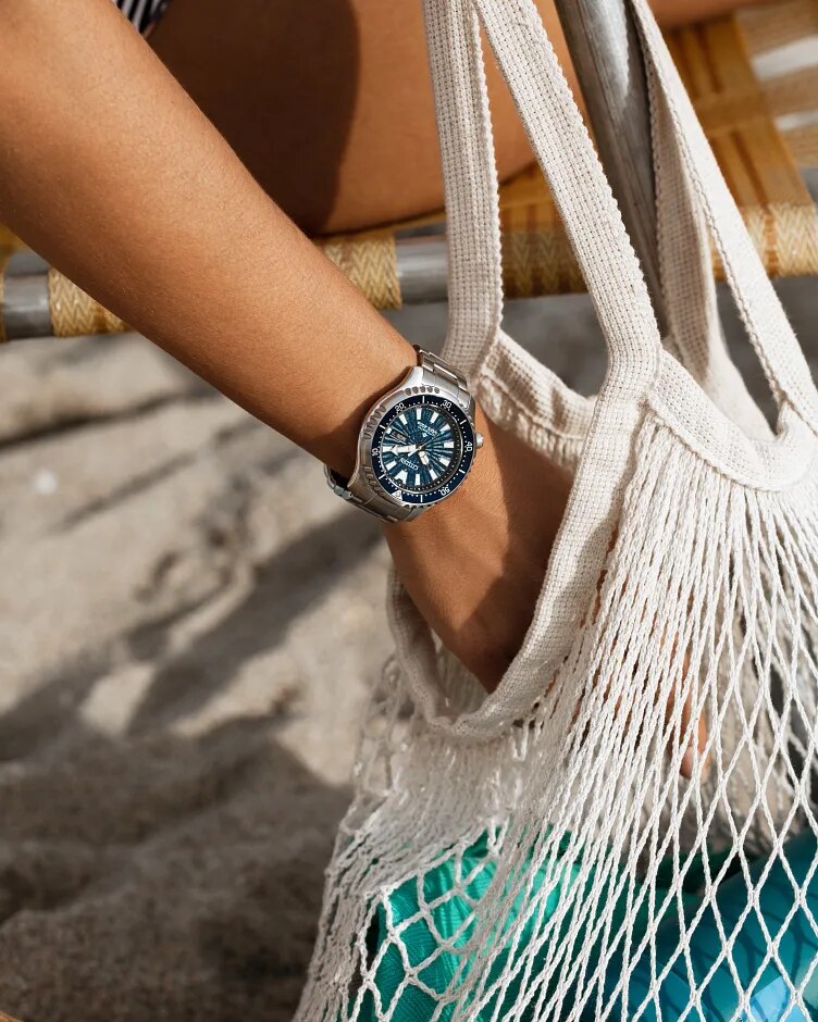 blue dial on wrist