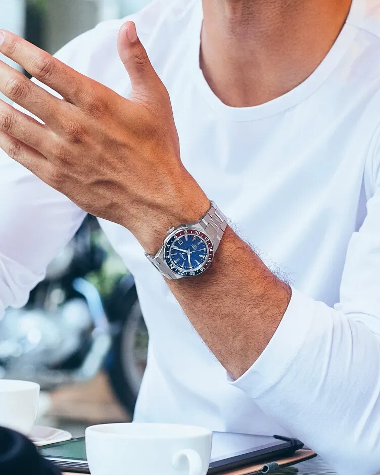 blue GMT bezel on wrist