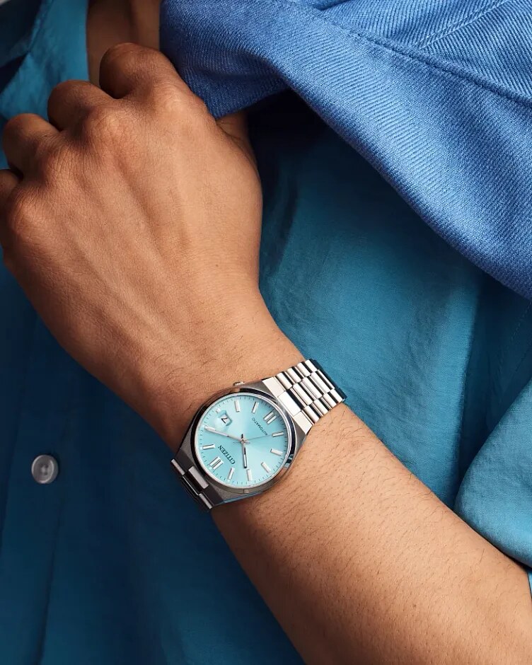 blue dial on wrist