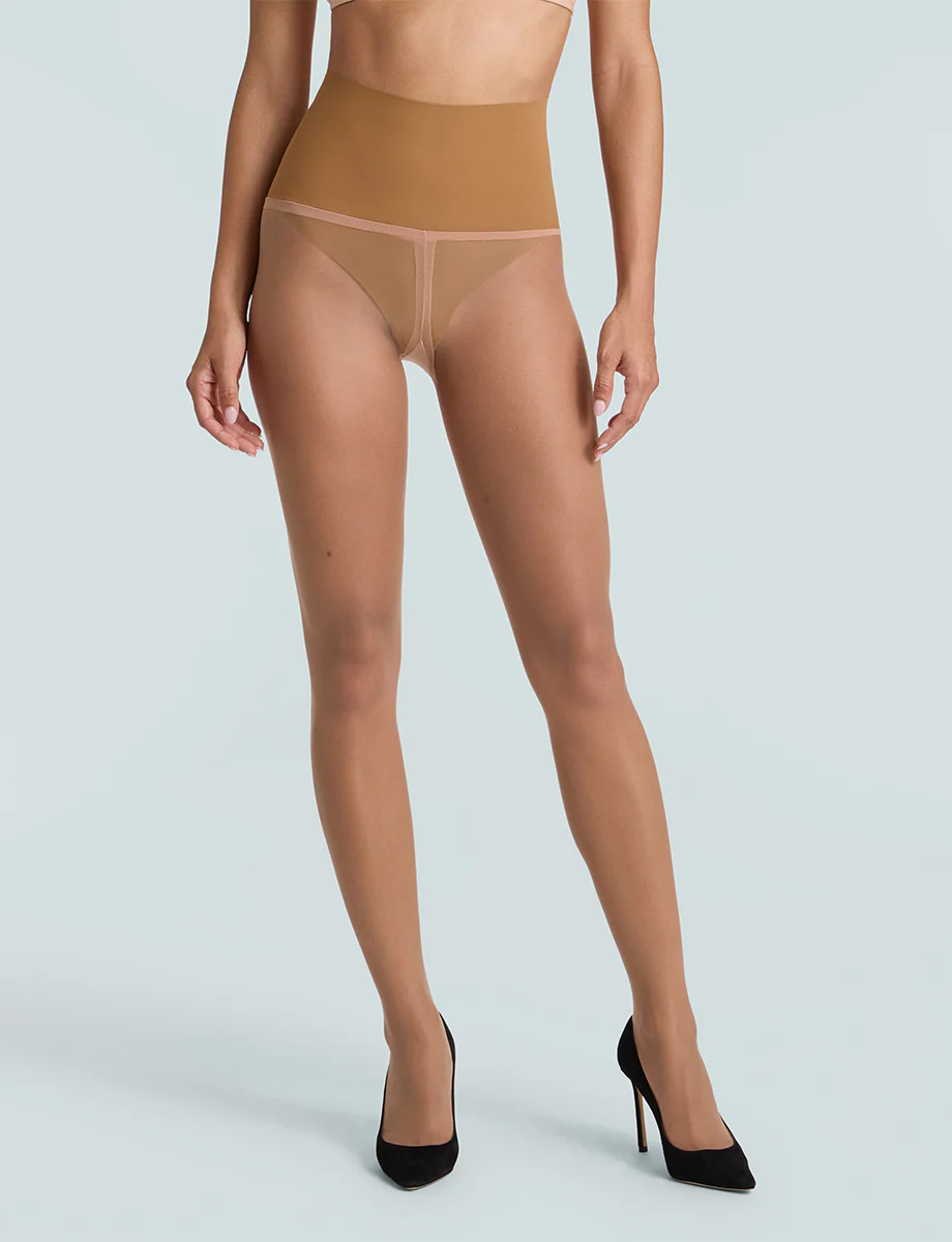 The Essential Sheer Tights — front view in caramel