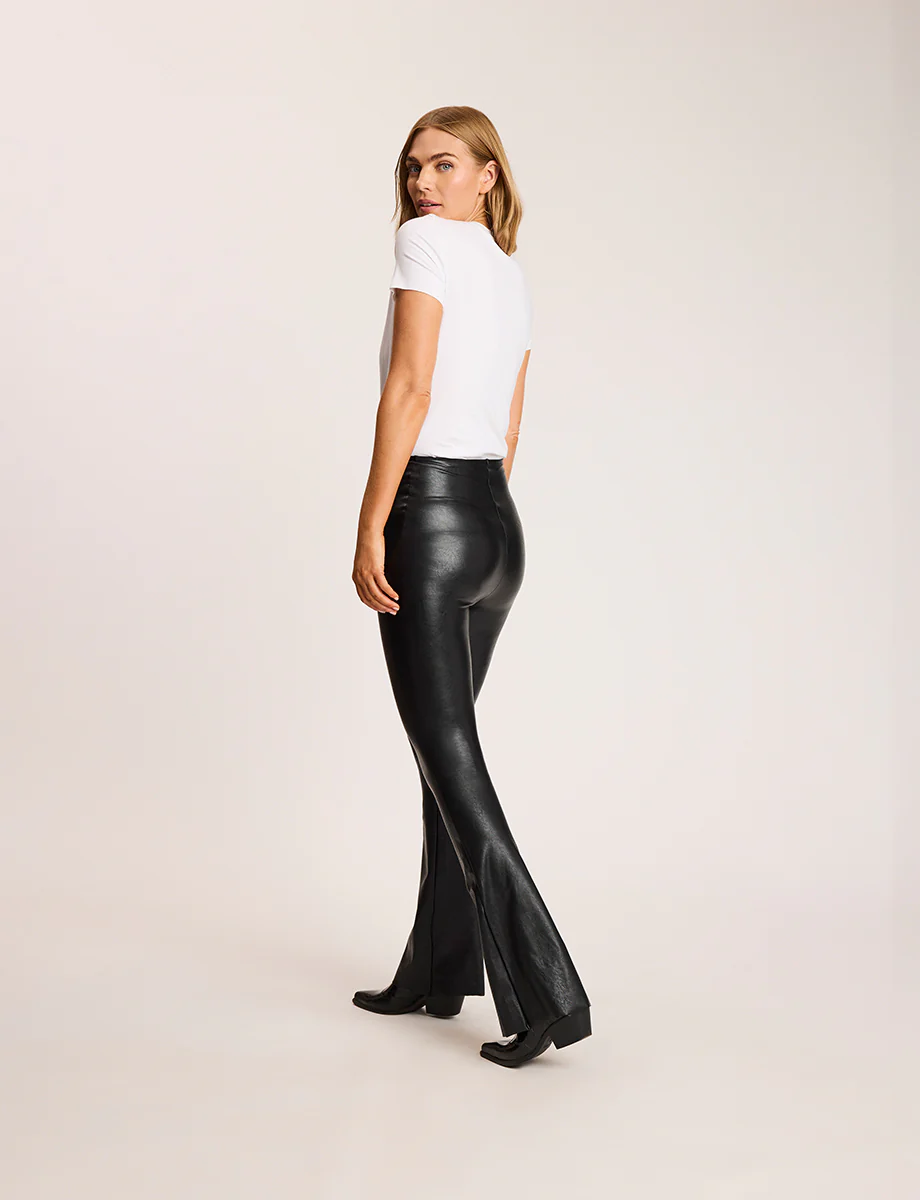 Faux Leather Flared Legging — back view in black