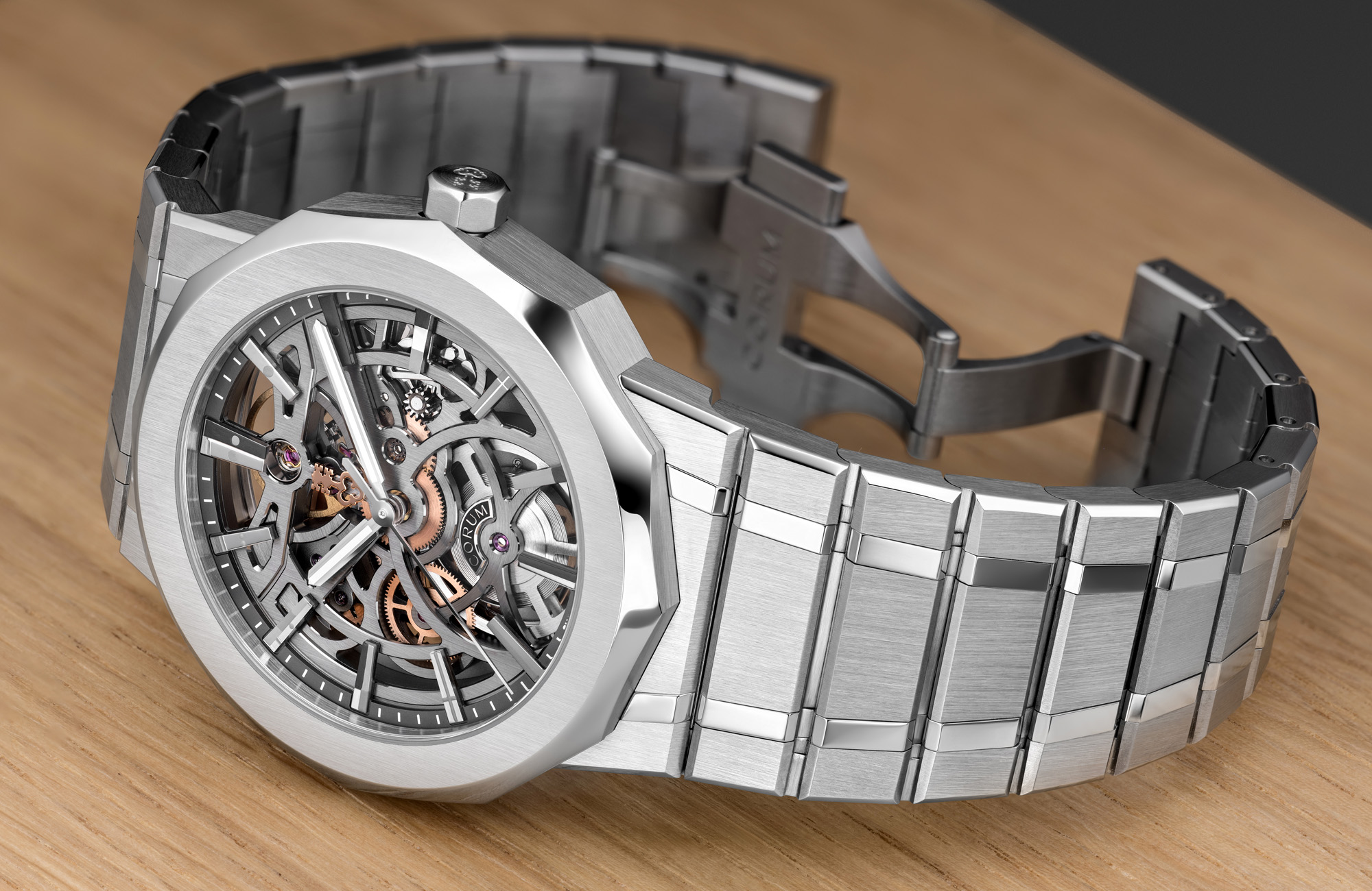 Openworked dial and bracelet on wrist