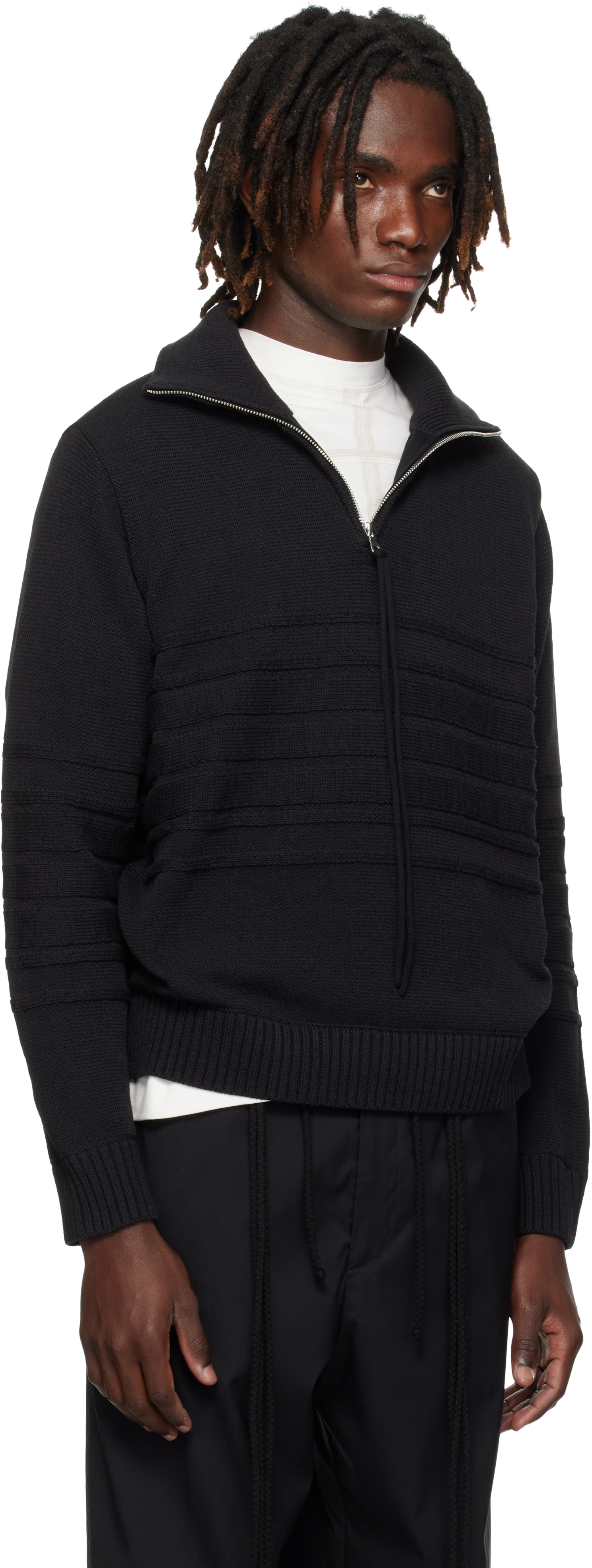 black tape knit polo side