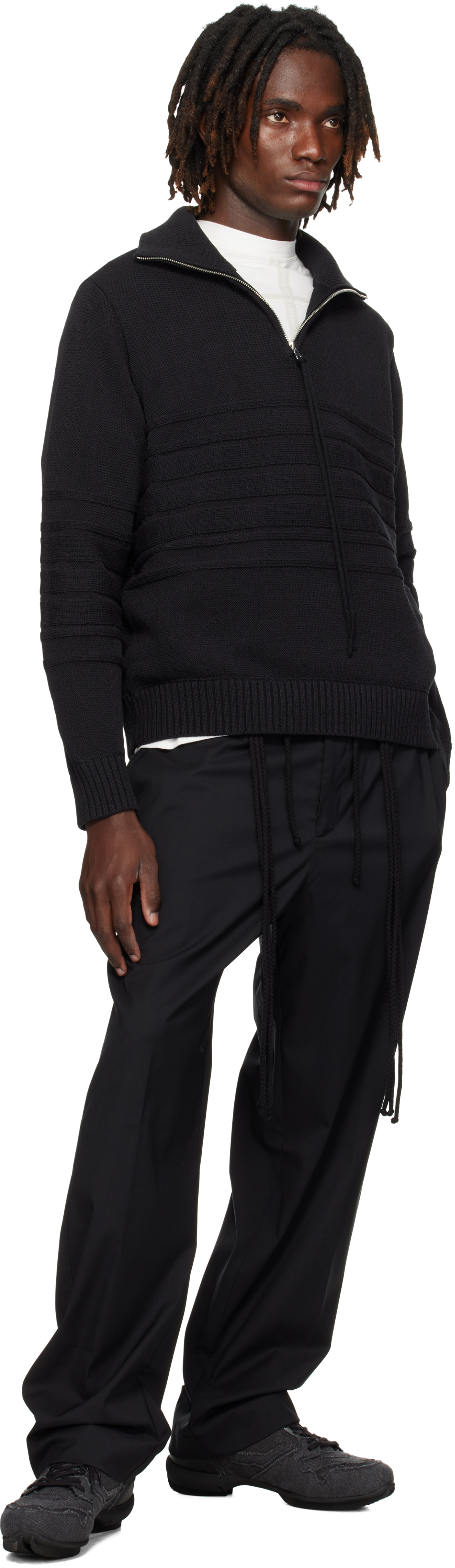 black tape knit polo styled