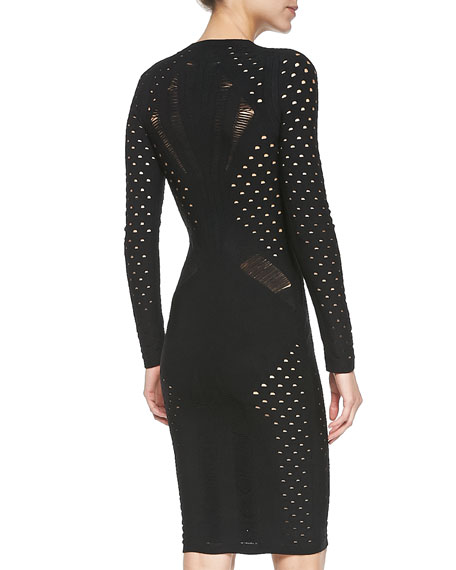 Long-sleeve cutout knit sheath — a compact version of the house line