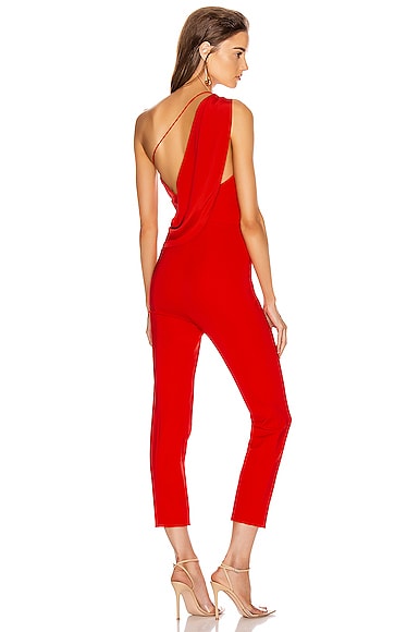 One-shoulder fitted jumpsuit in the same clean jersey language