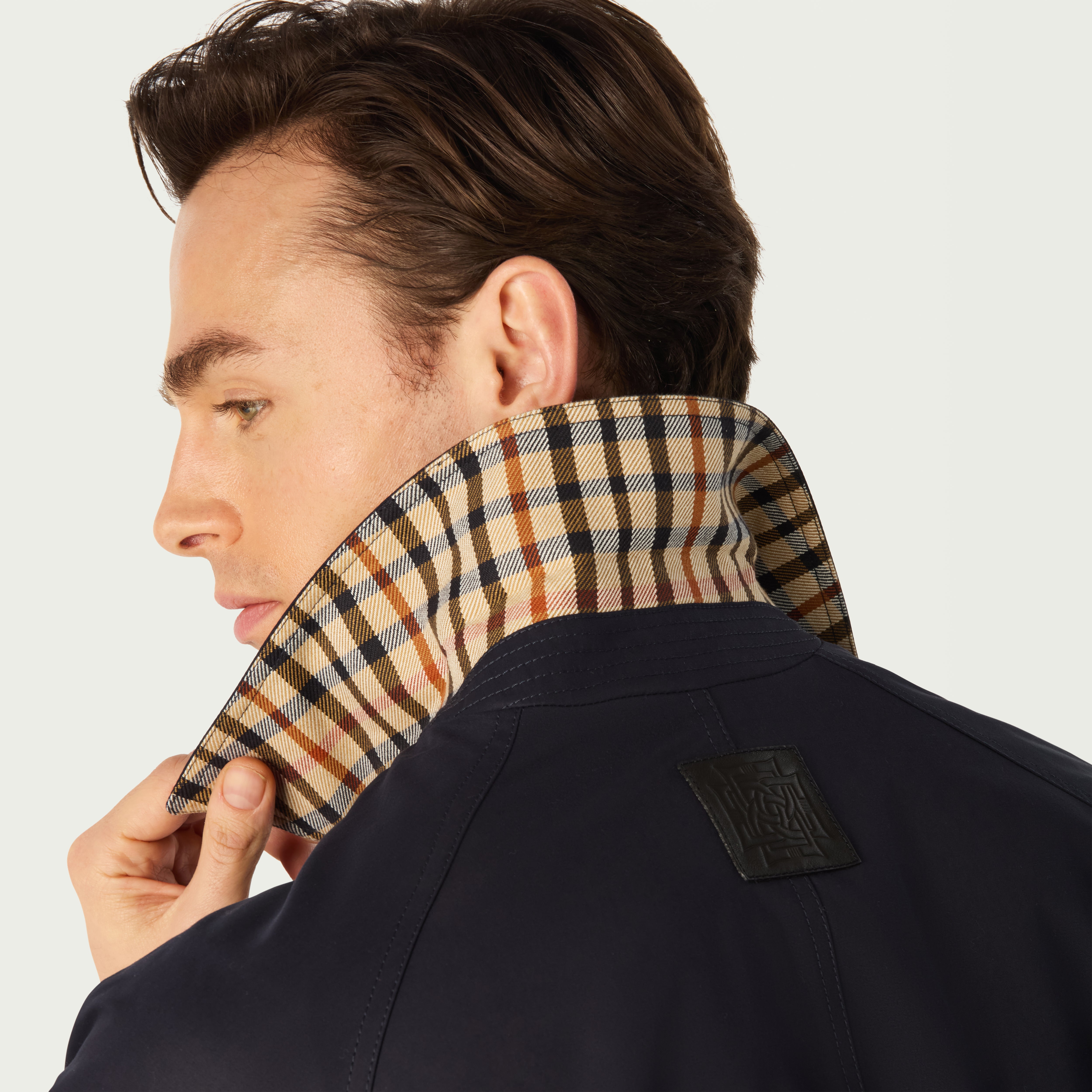 Profile view with high collar