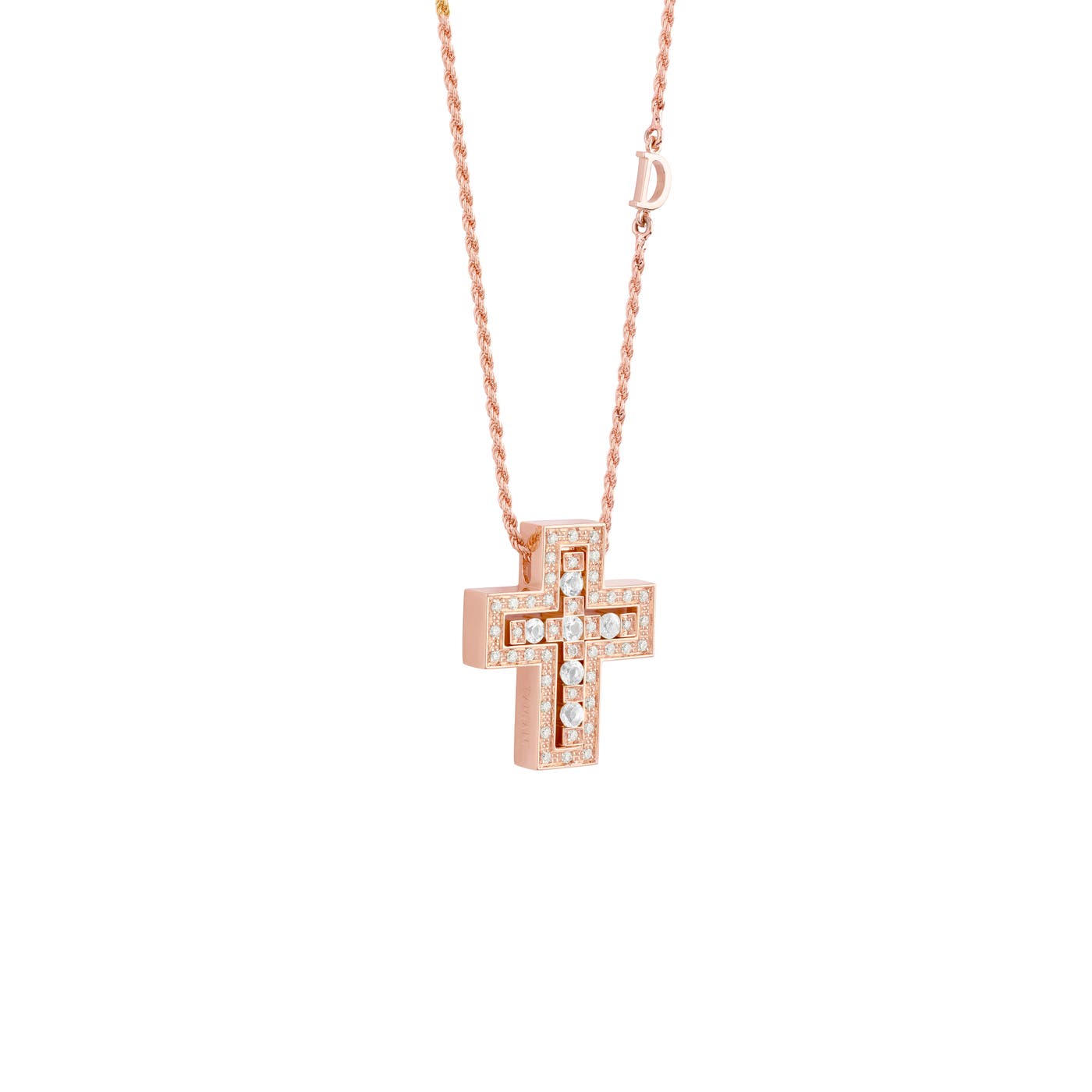 Front view of the pink-gold diamond cross