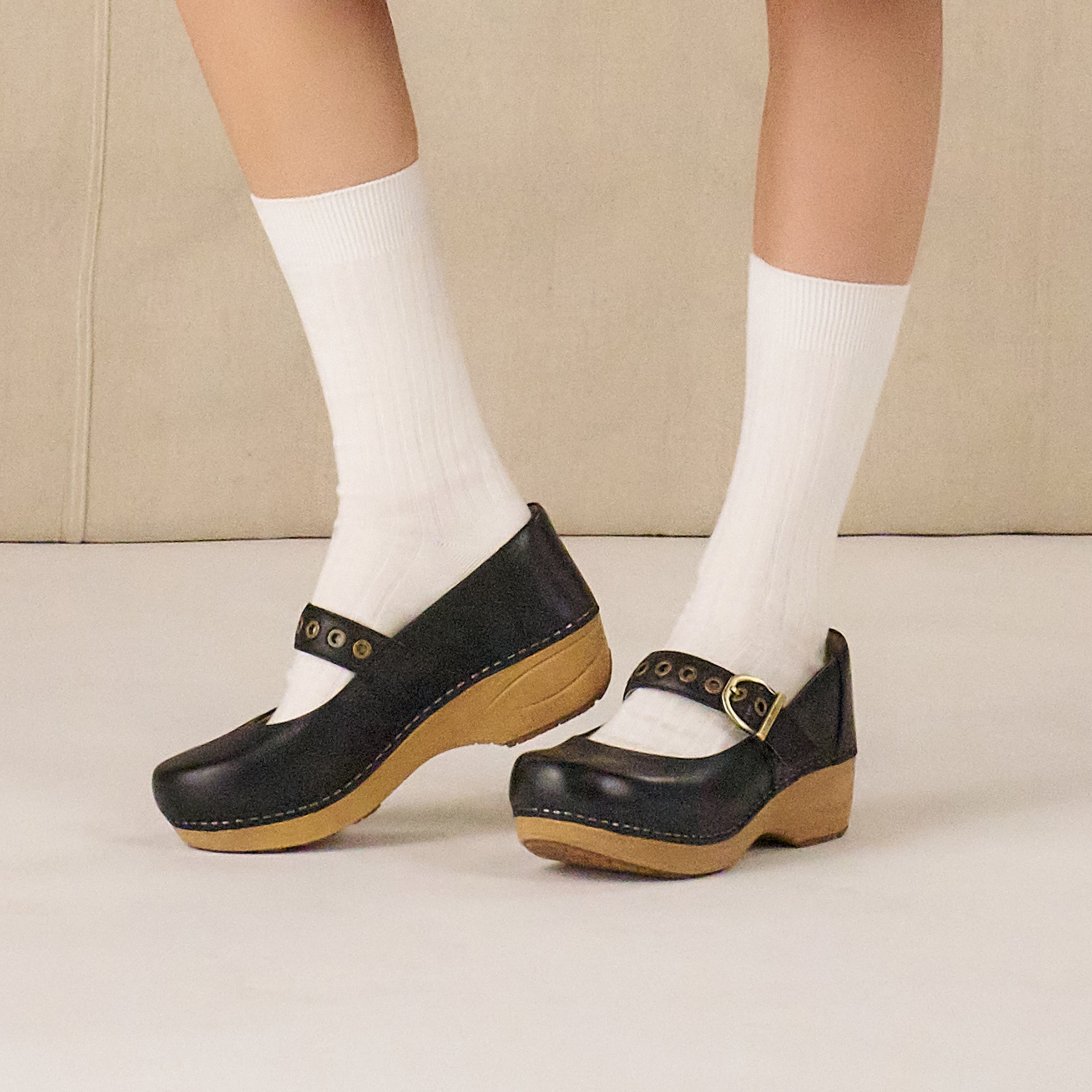 On-foot view of the strapped occupational clog