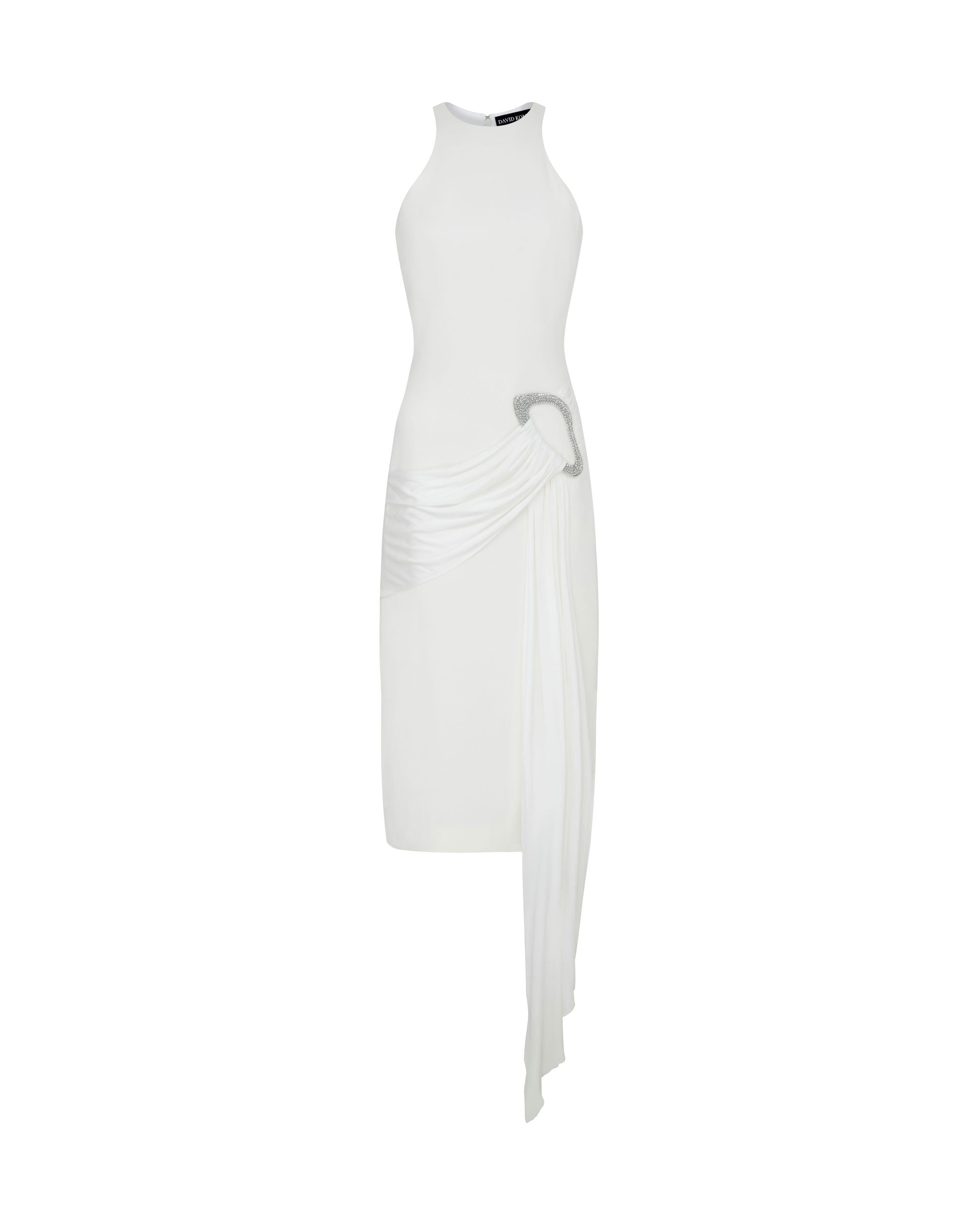 Crystal Buckle Drape Midi Dress