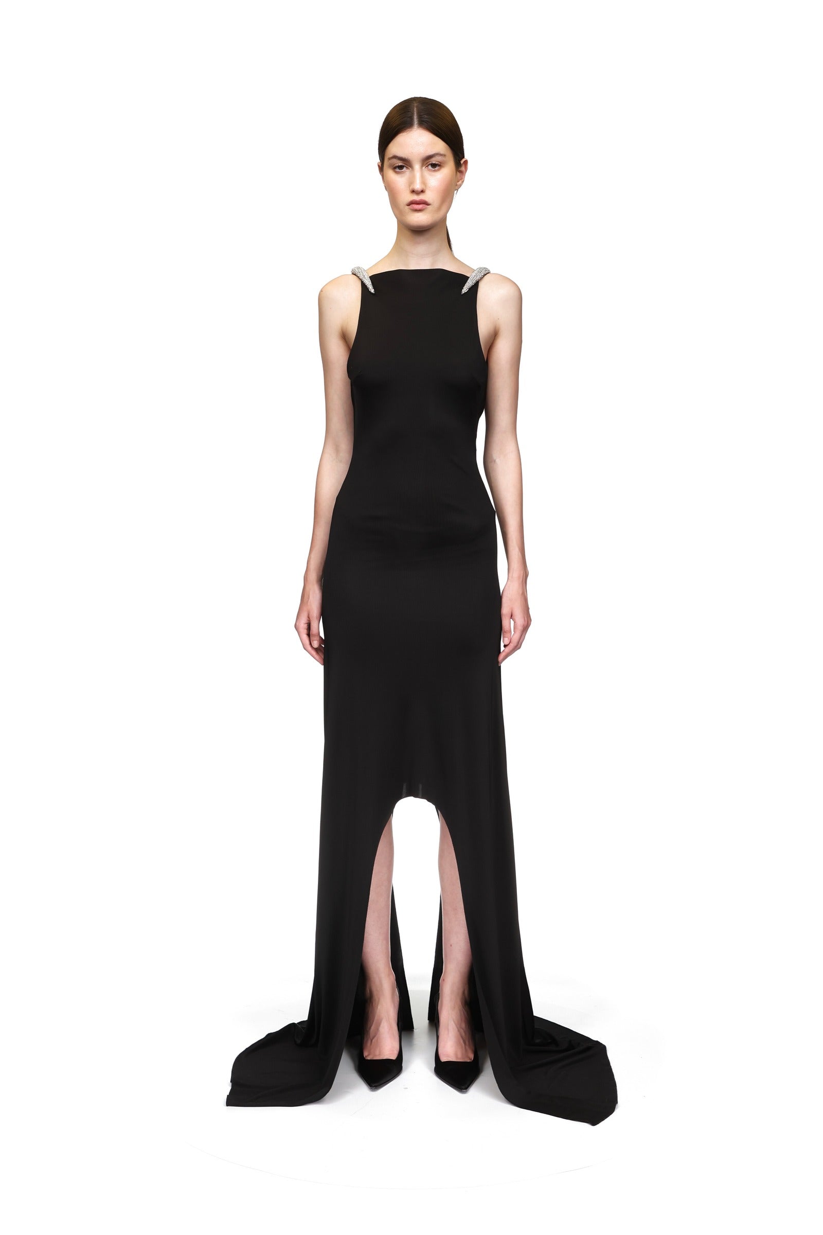 front view with open drape