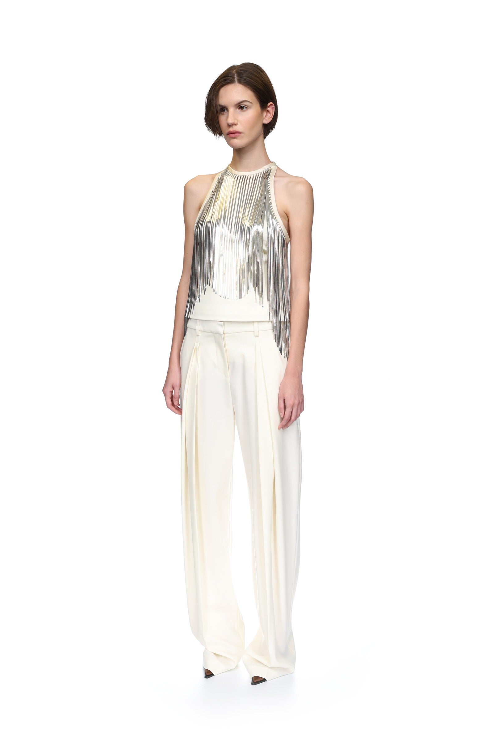 side view with wide-leg trousers