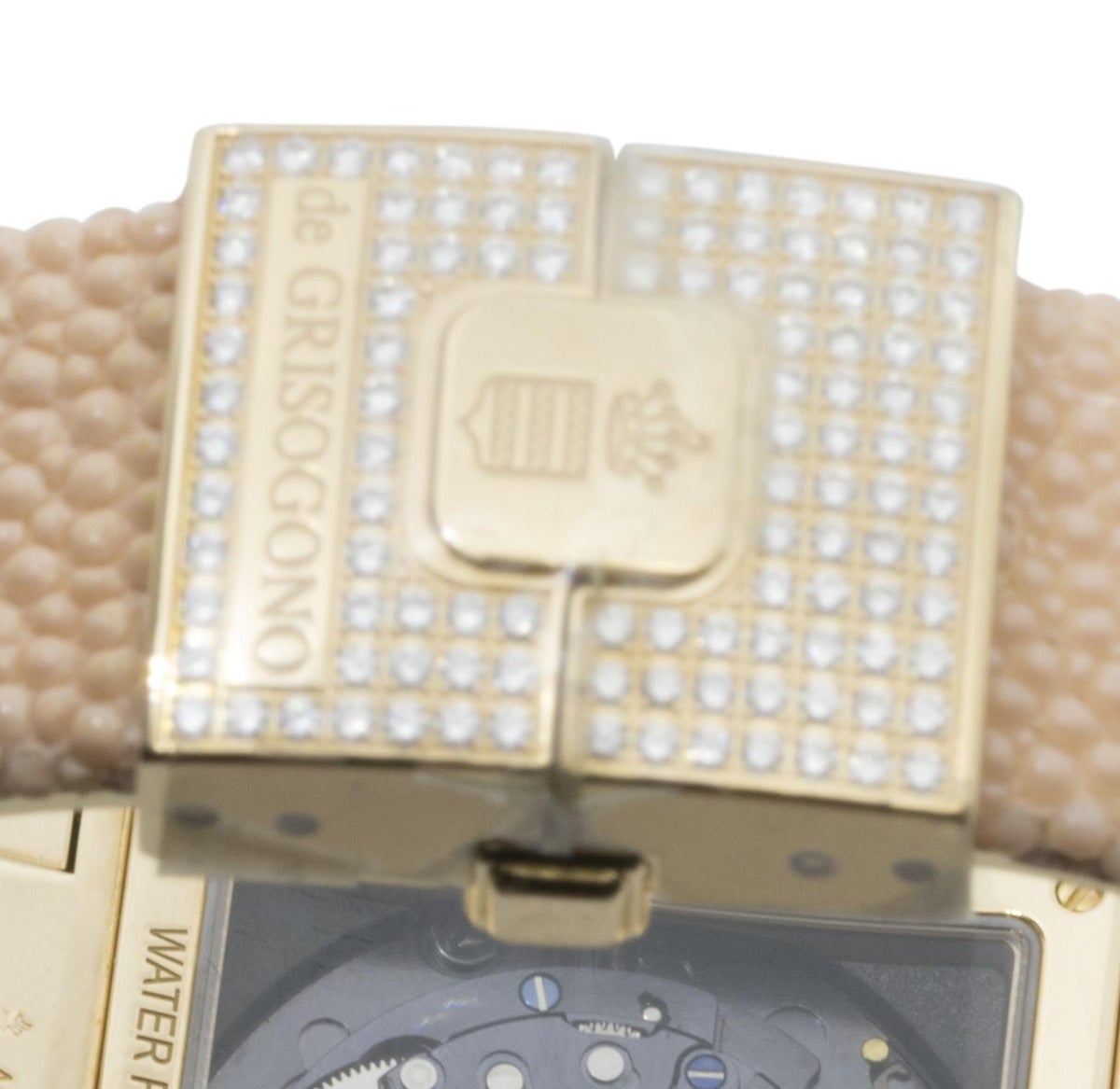 Close-up of the diamond-set case and clasp
