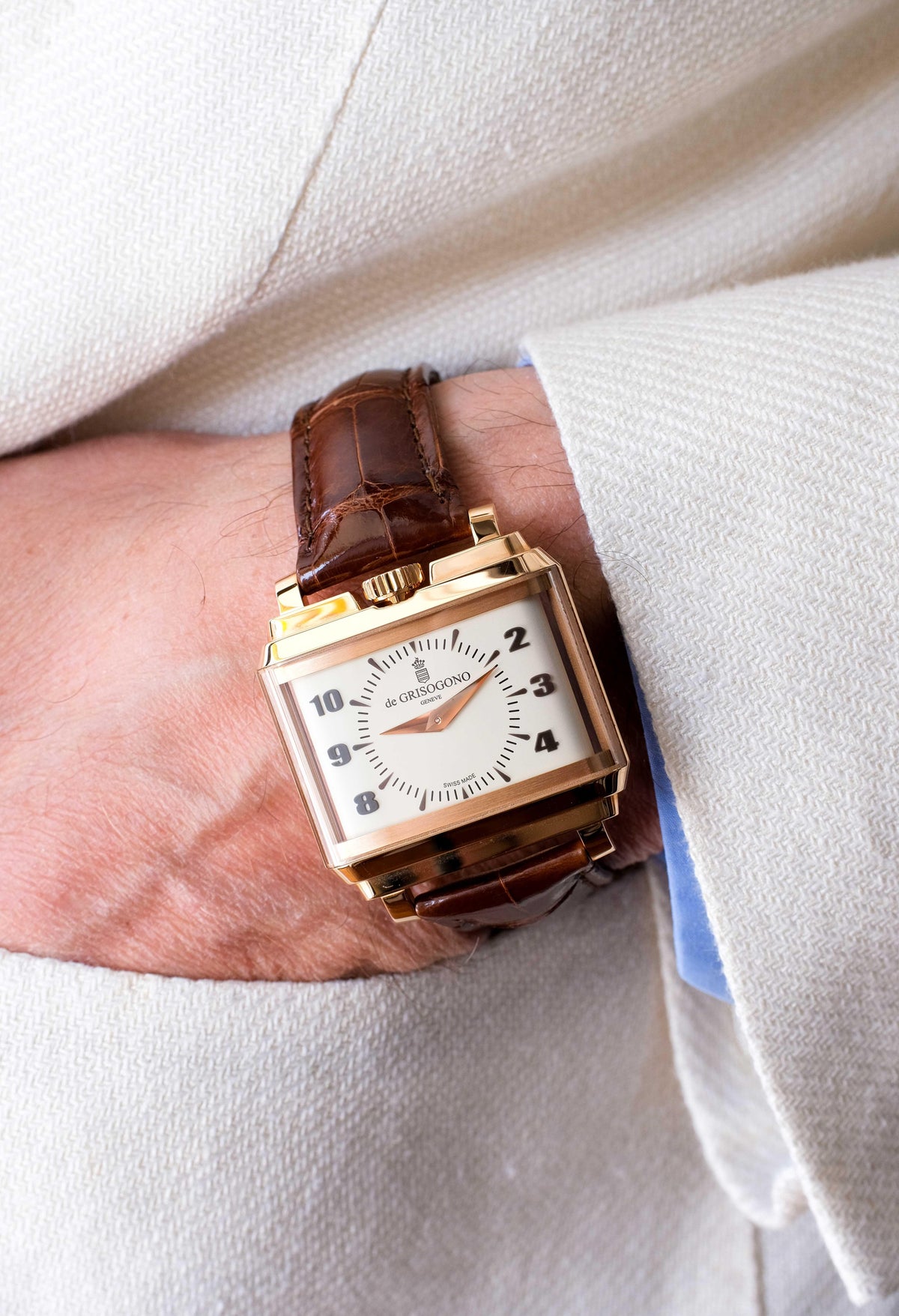 Wrist shot showing the broad rectangular case