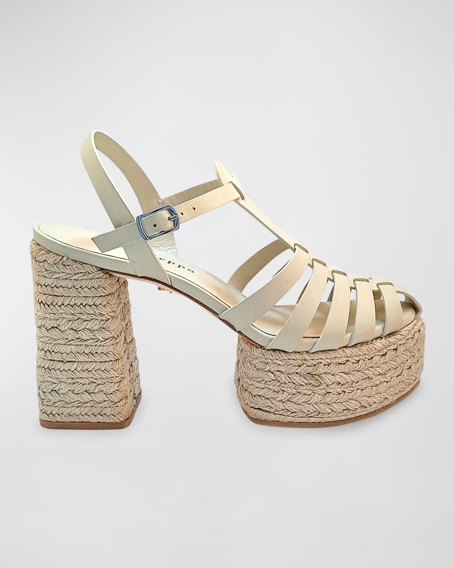 Side view showing the woven platform heel