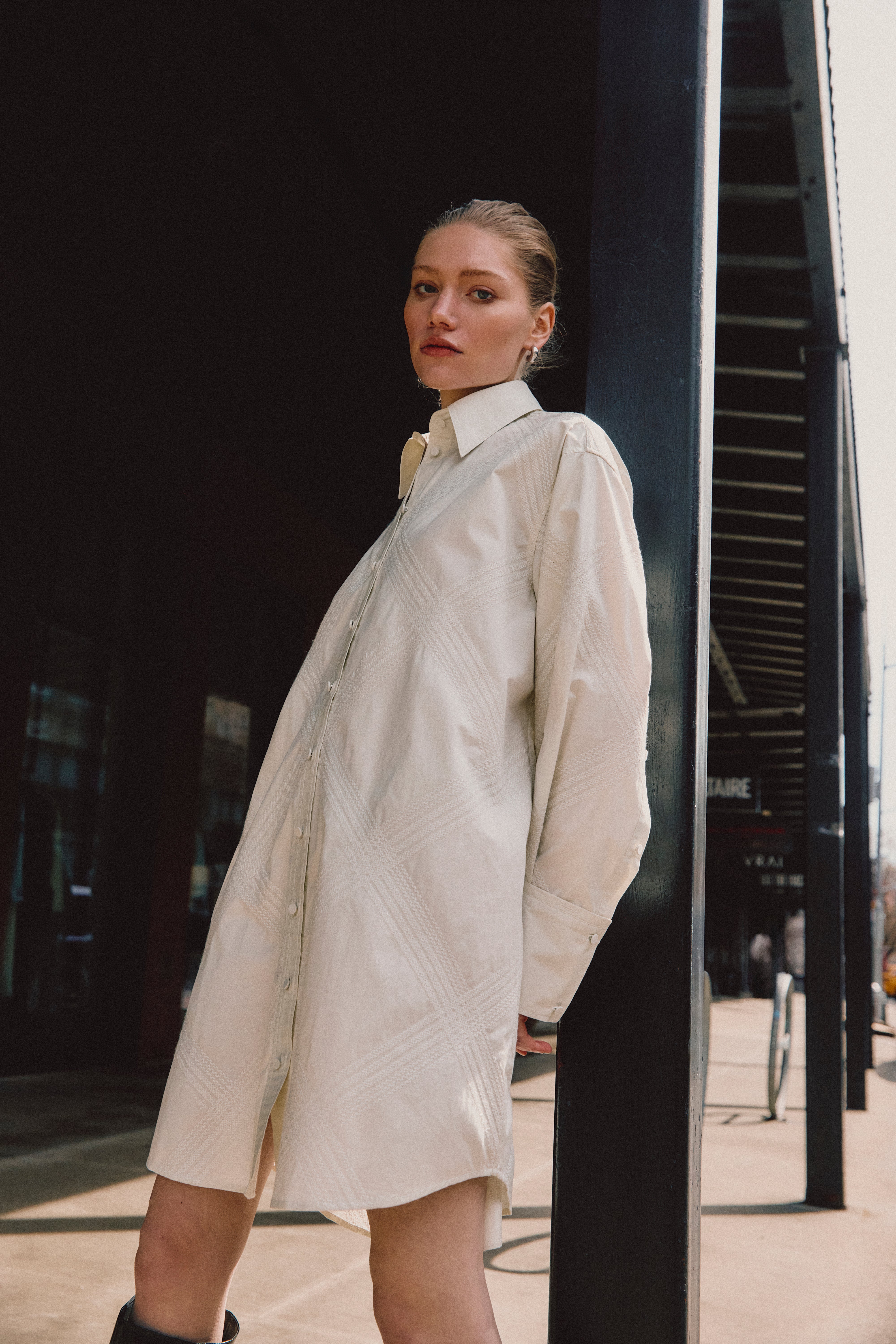 Piper Shirt Dress, styled on model