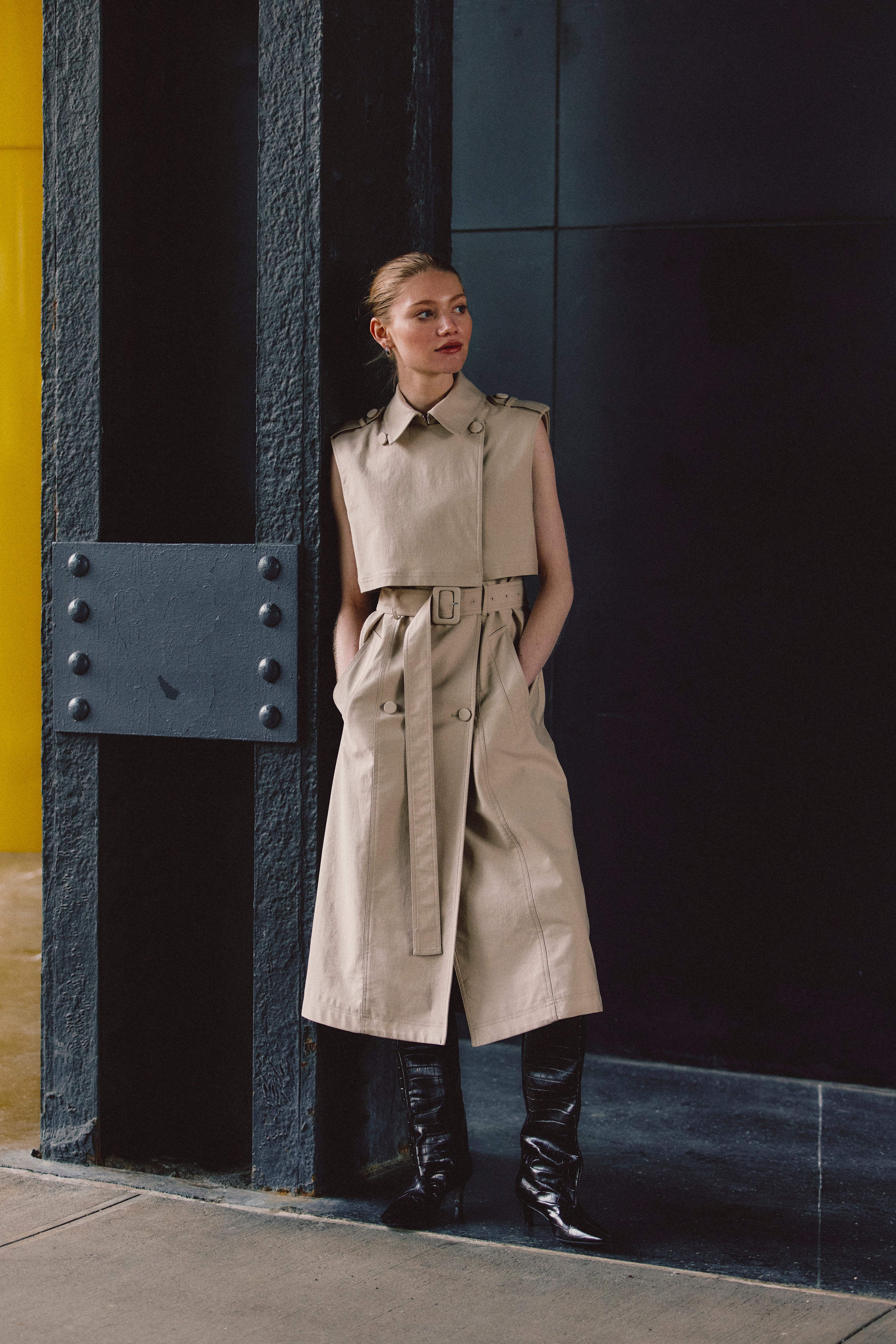 Reign Sleeveless Trench Dress, styled on model