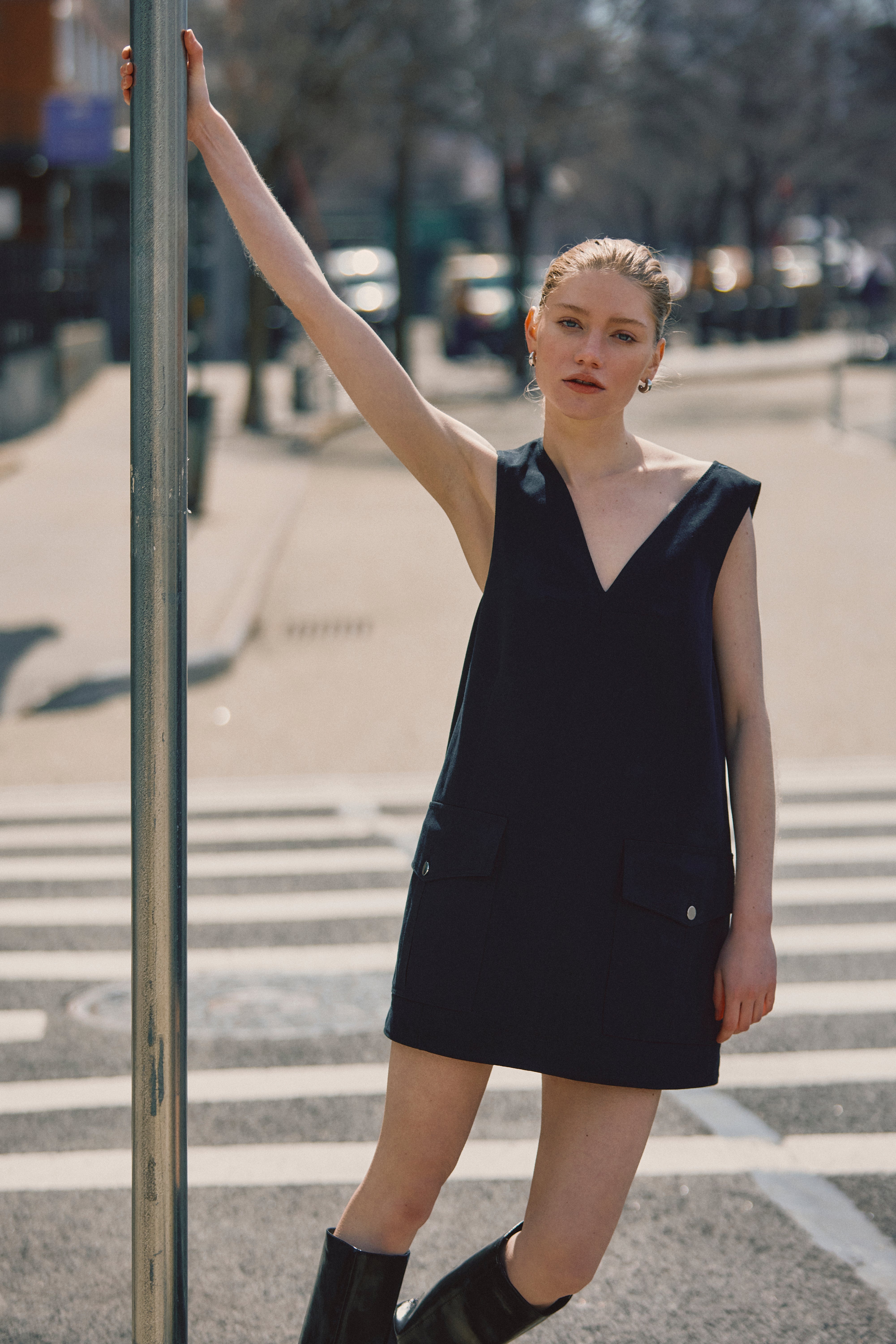 Xander Utility Tank Dress, styled on model